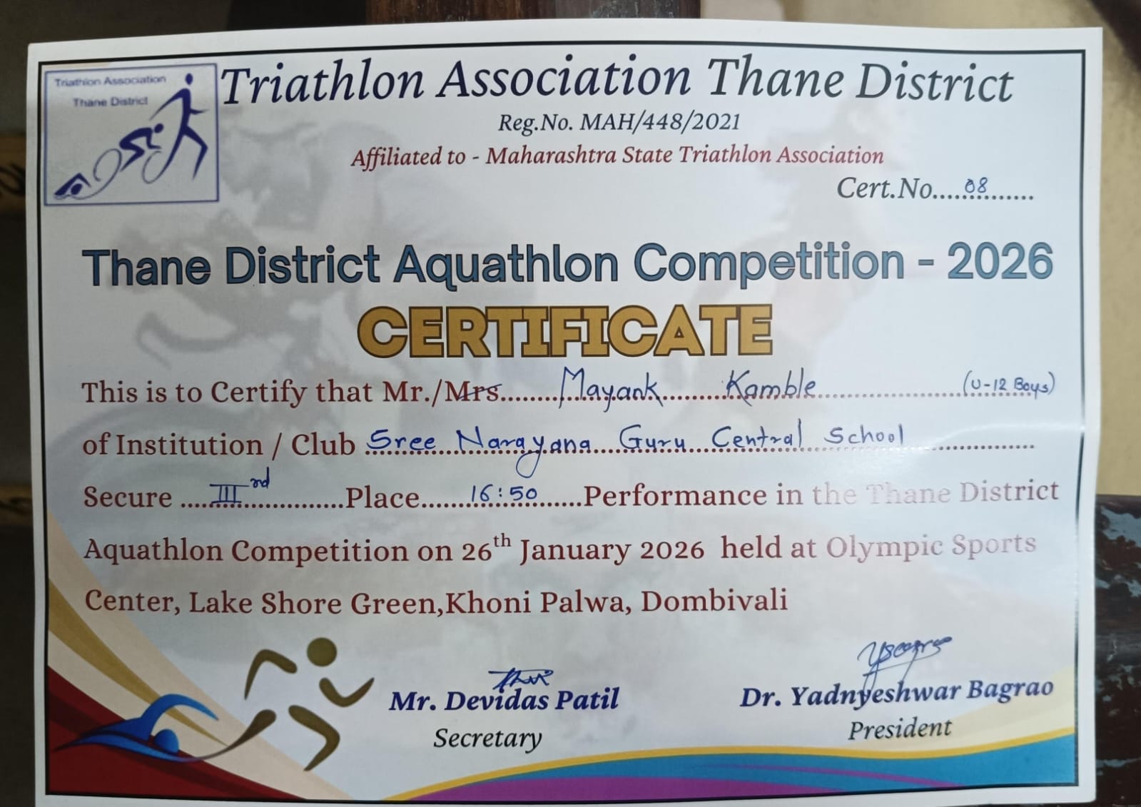 TRIATHLON ASSOCIATION THANE DISTRICT THANE DISTRICT AQUATHLON COMPETITION - 2026  UNDER - 12 BOY EVENT   SWIMMING 300 mt  RUNNING 2 KM.